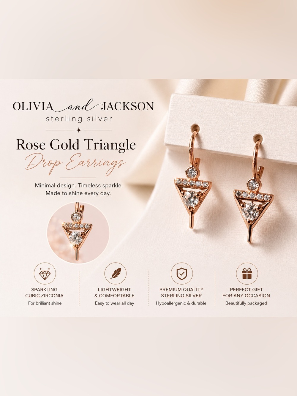 Olivia and Jackson Rose Gold Triangle Drop Earrings with CZ Accents NEW